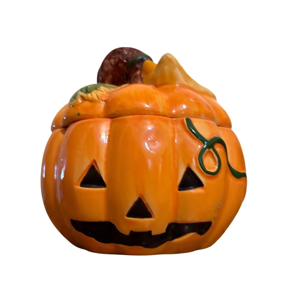 Vintage Ceramic‎ Jack-O-Lantern Pumpkin Jar with Sunflower Lid Halloween Decor